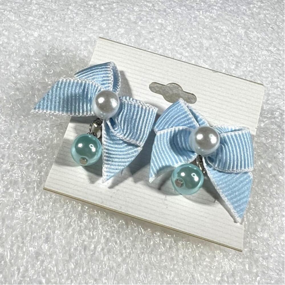 Retro Korean Coquette Faux Simulated Pearl Bow Earrings New on Card Deadstock - Picture 9 of 13